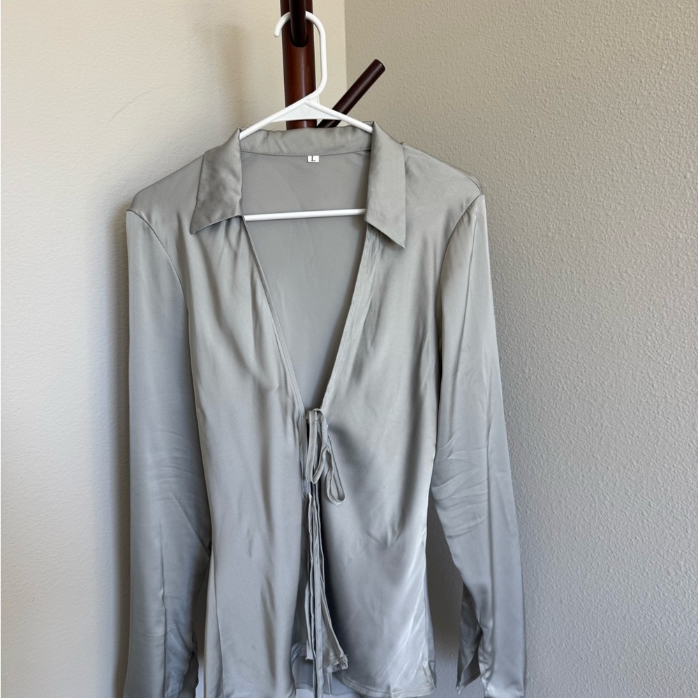 New Size L Elegant Gray Tie-Front Blouse